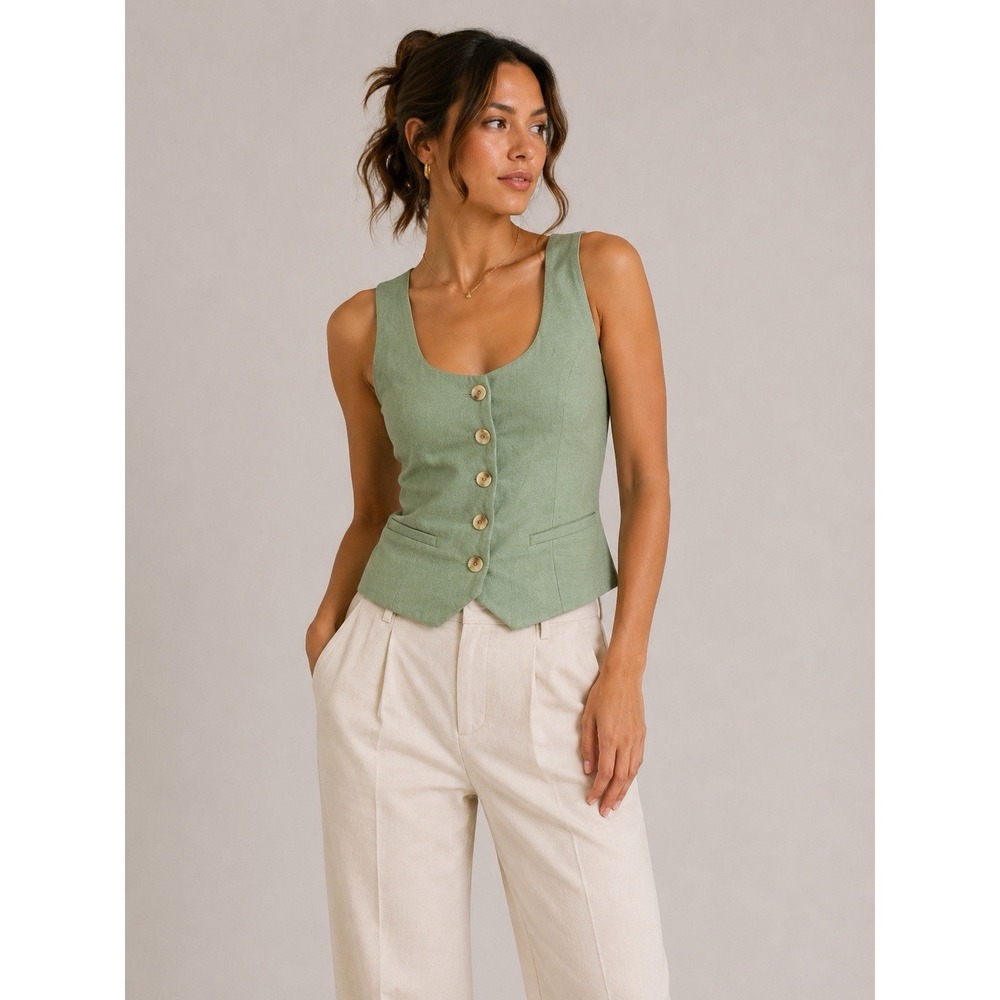 May Berries Green Linen Blend Button‎ Vest Small Cottagecore Lightweight Chic